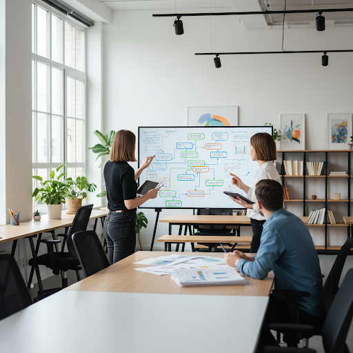 A team of people working on a project board, seen from behind